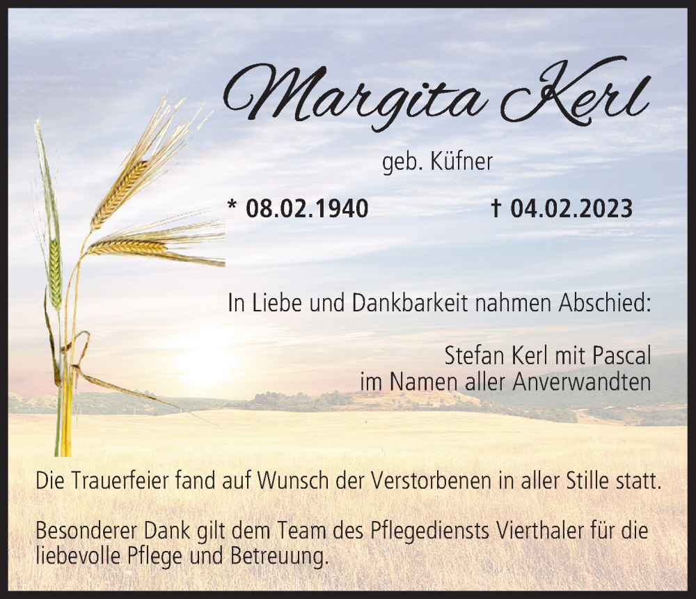  Traueranzeige für Margita Kerl vom 04.03.2023 aus MGO