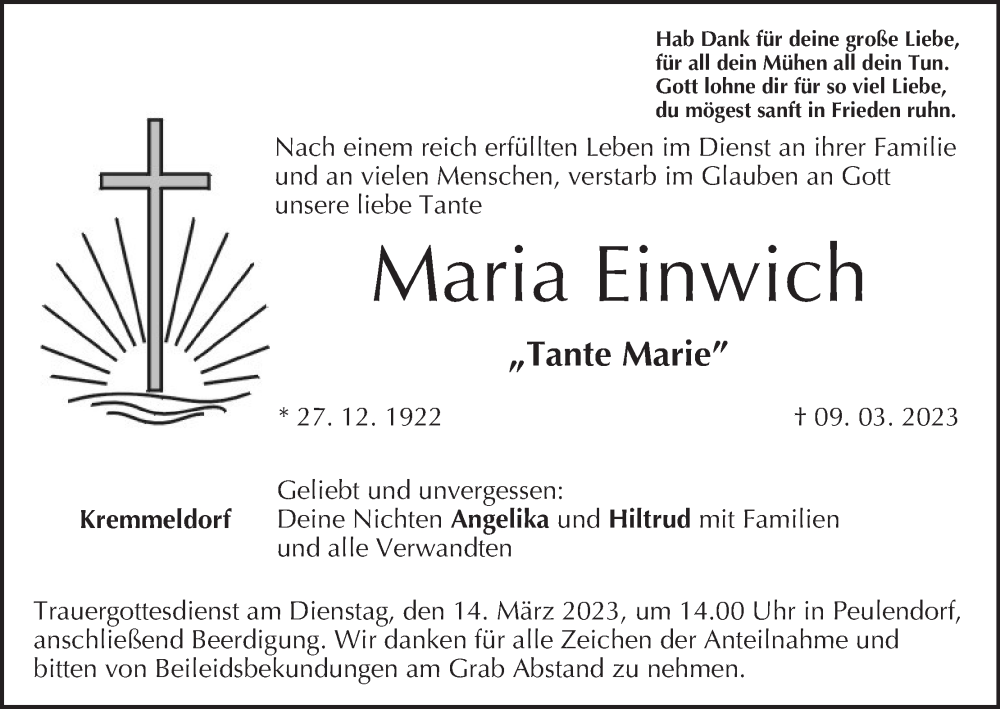  Traueranzeige für Maria Einwich vom 11.03.2023 aus MGO