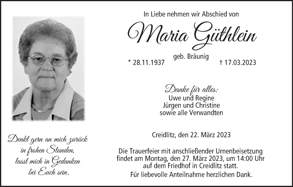  Traueranzeige für Maria Güthlein vom 22.03.2023 aus MGO