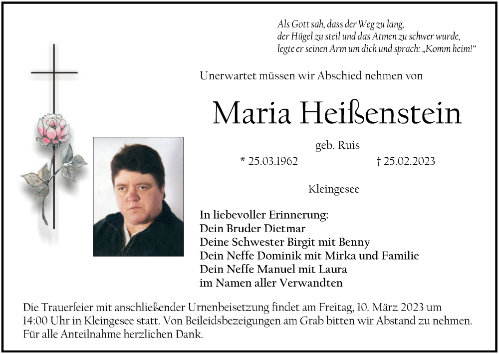  Traueranzeige für Maria Heißenstein vom 04.03.2023 aus MGO