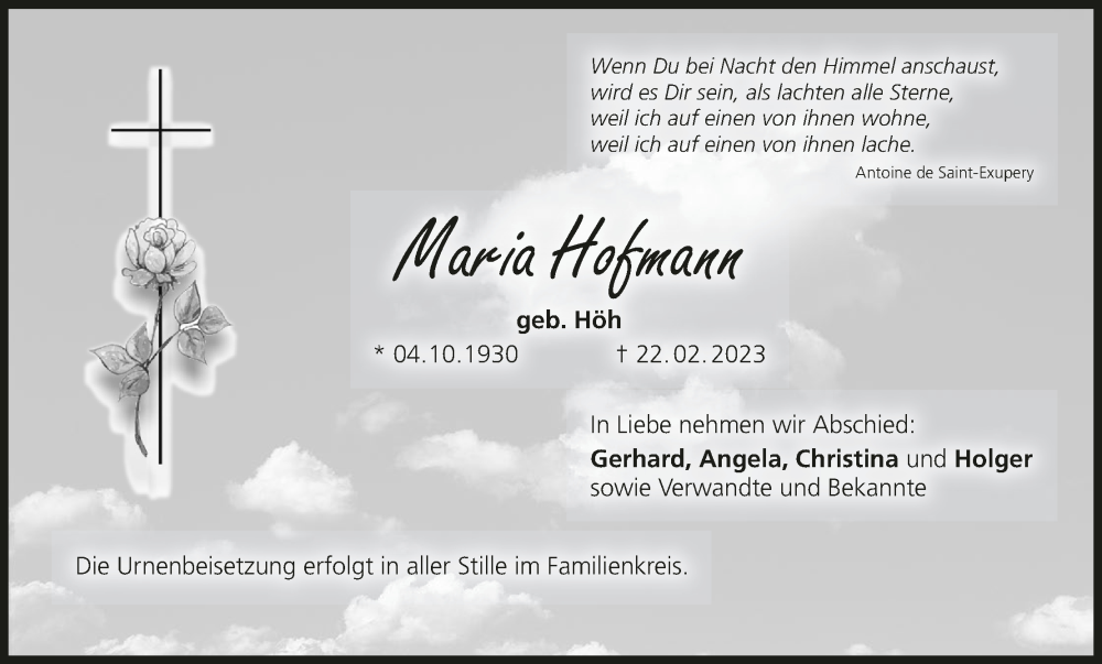  Traueranzeige für Maria Hofmann vom 11.03.2023 aus MGO