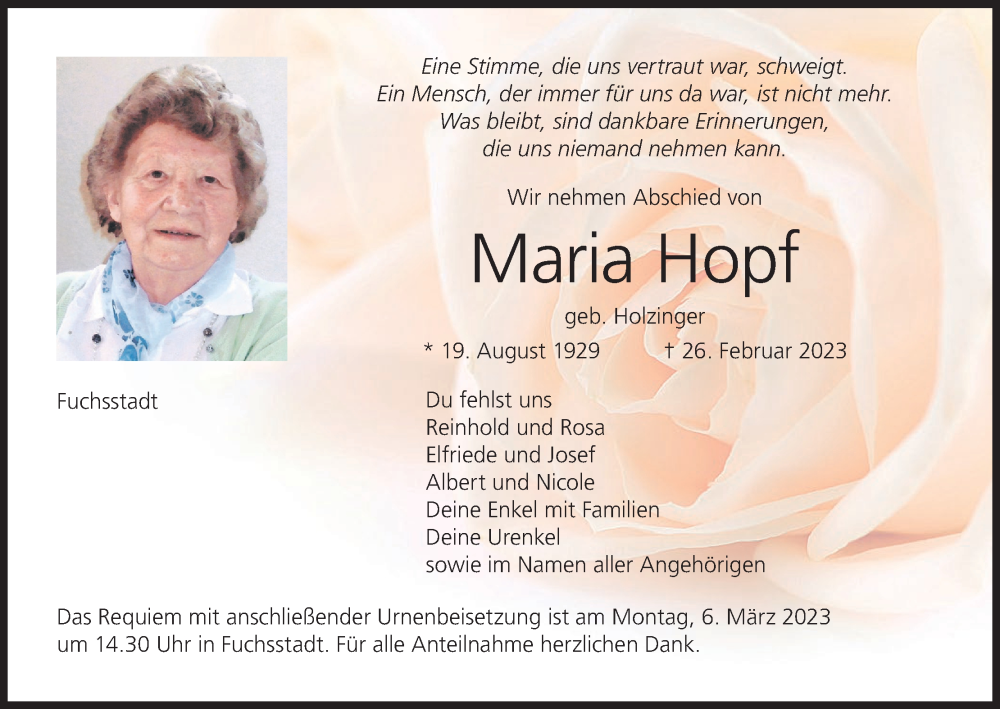  Traueranzeige für Maria Hopf vom 04.03.2023 aus MGO