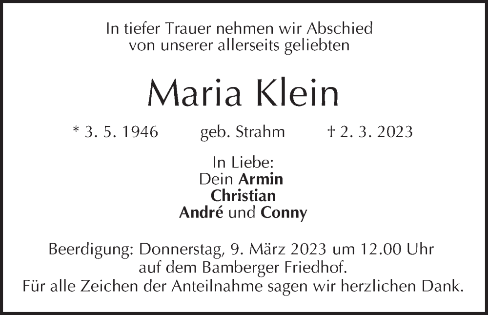  Traueranzeige für Maria Klein vom 08.03.2023 aus MGO