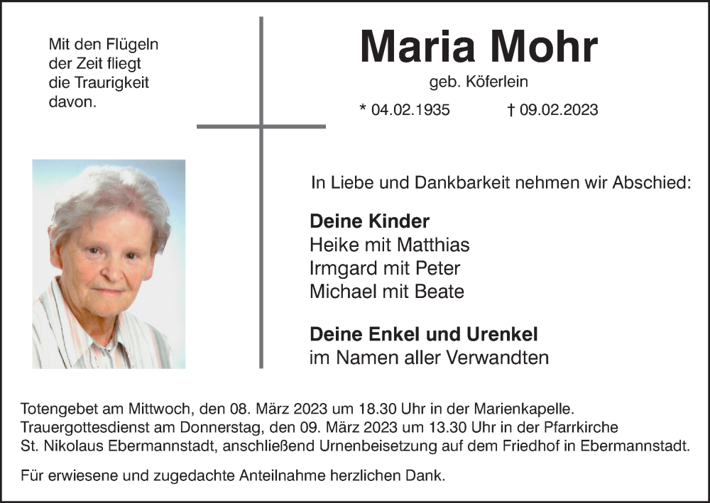  Traueranzeige für Maria Mohr vom 04.03.2023 aus MGO