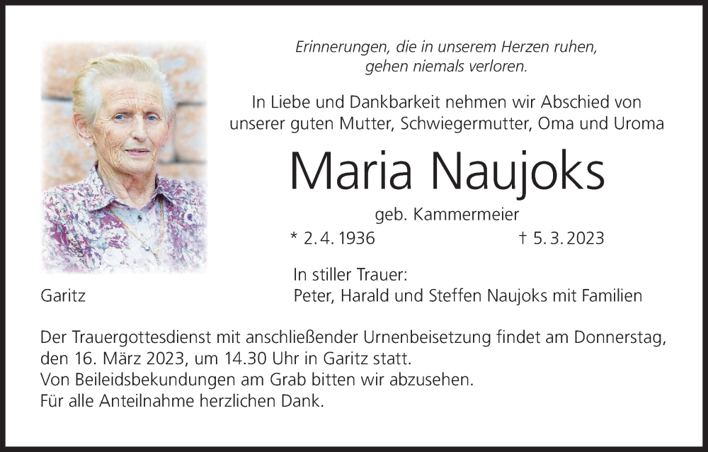  Traueranzeige für Maria Naujoks vom 11.03.2023 aus MGO