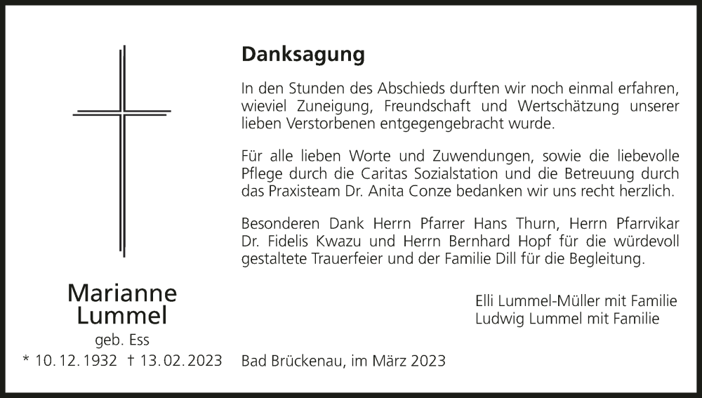  Traueranzeige für Marianne Lummel vom 04.03.2023 aus MGO