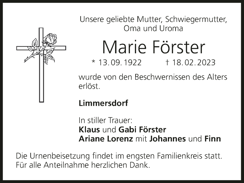  Traueranzeige für Marie Förster vom 08.03.2023 aus MGO