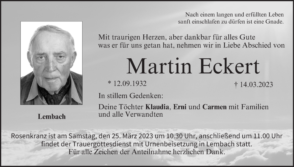  Traueranzeige für Martin Eckert vom 22.03.2023 aus MGO
