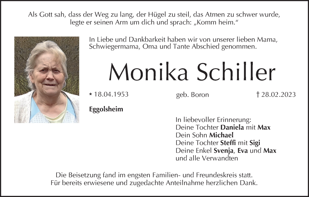  Traueranzeige für Monika Schiller vom 25.03.2023 aus MGO