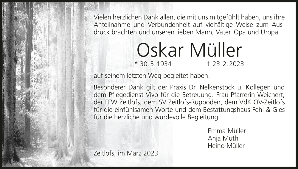  Traueranzeige für Oskar Müller vom 01.04.2023 aus MGO