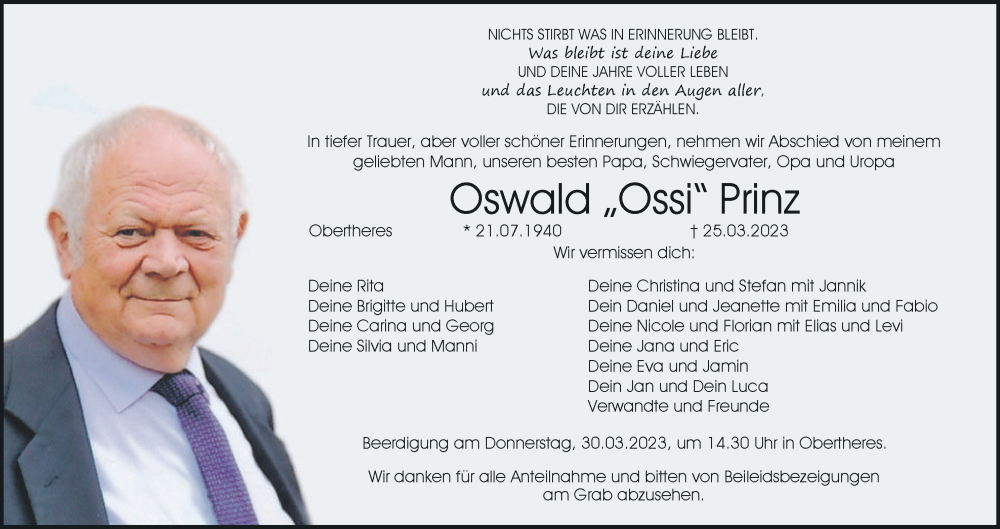  Traueranzeige für Oswald Prinz vom 28.03.2023 aus MGO