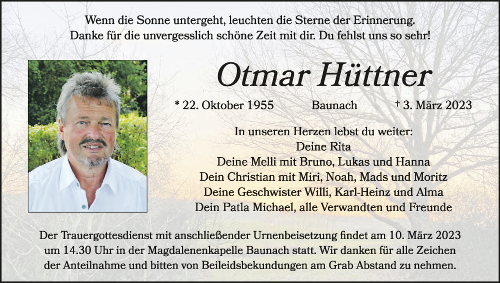  Traueranzeige für Otmar Hüttner vom 08.03.2023 aus MGO