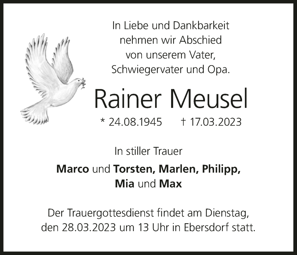 Traueranzeige für Rainer Meusel vom 25.03.2023 aus MGO