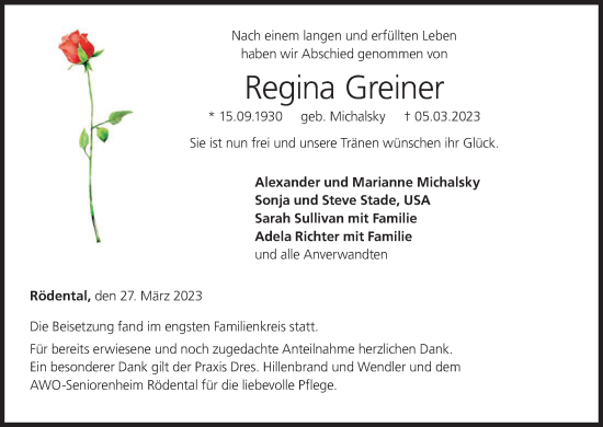 Anzeige von Regina Greiner von MGO