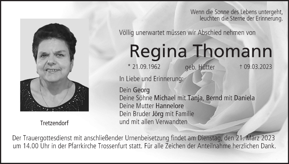  Traueranzeige für Regina Thomann vom 18.03.2023 aus MGO