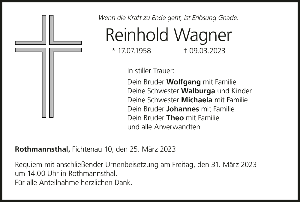  Traueranzeige für Reinhold Wagner vom 25.03.2023 aus MGO