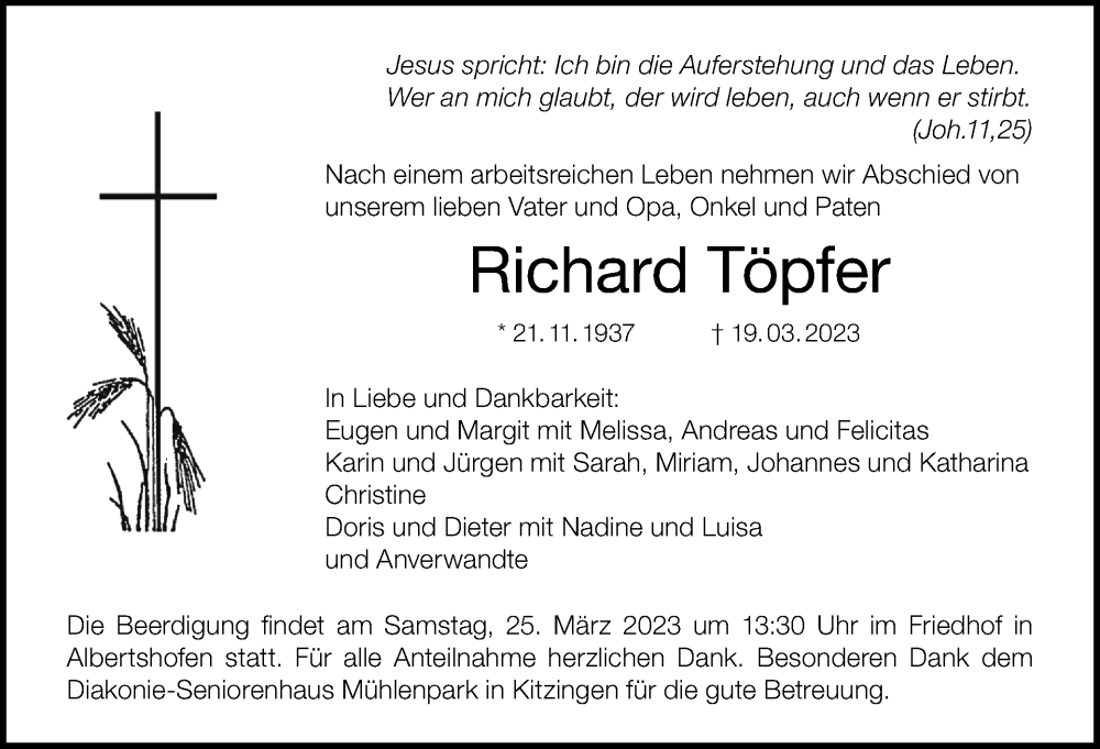  Traueranzeige für Richard Töpfer vom 24.03.2023 aus MGO