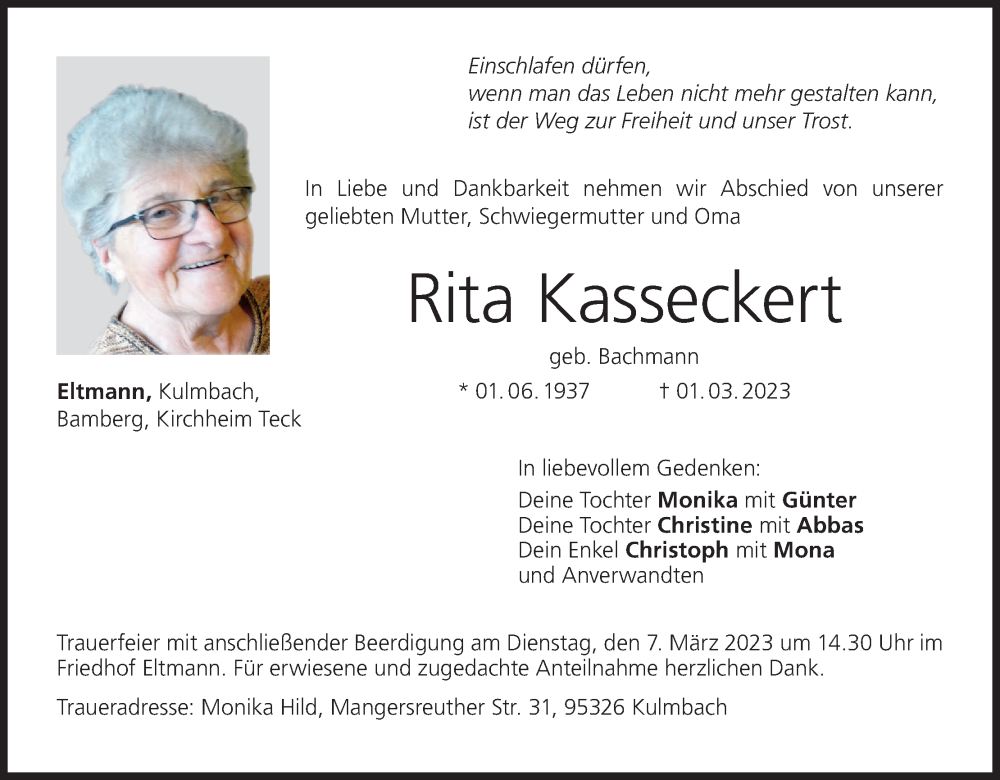  Traueranzeige für Rita Kasseckert vom 04.03.2023 aus MGO