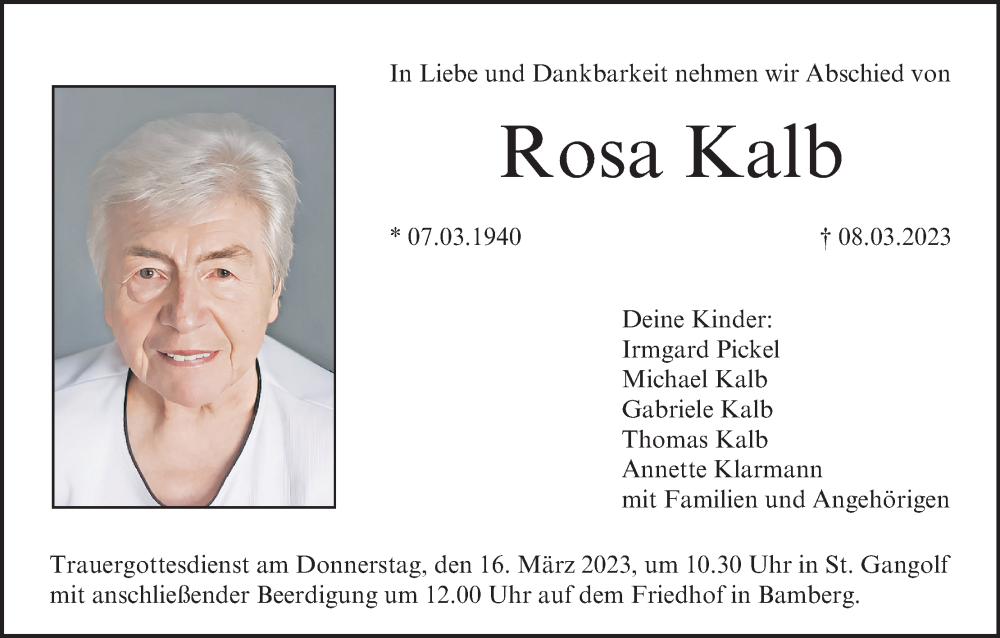  Traueranzeige für Rosa Kalb vom 11.03.2023 aus MGO