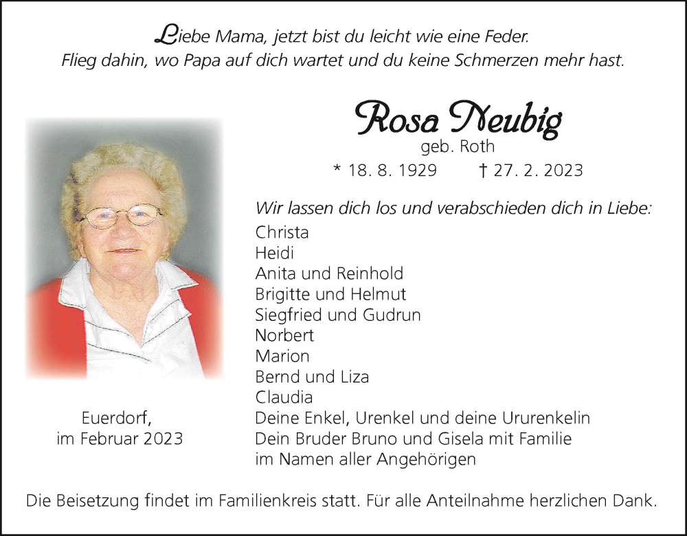  Traueranzeige für Rosa Neubig vom 04.03.2023 aus MGO