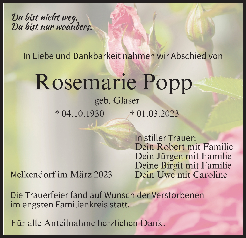  Traueranzeige für Rosemarie Popp vom 28.03.2023 aus MGO