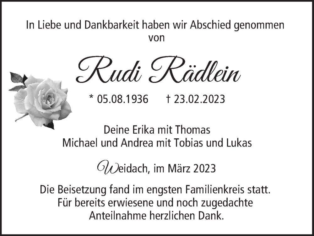  Traueranzeige für Rudi Rädlein vom 11.03.2023 aus MGO