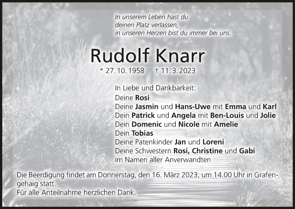  Traueranzeige für Rudolf Knarr vom 14.03.2023 aus MGO