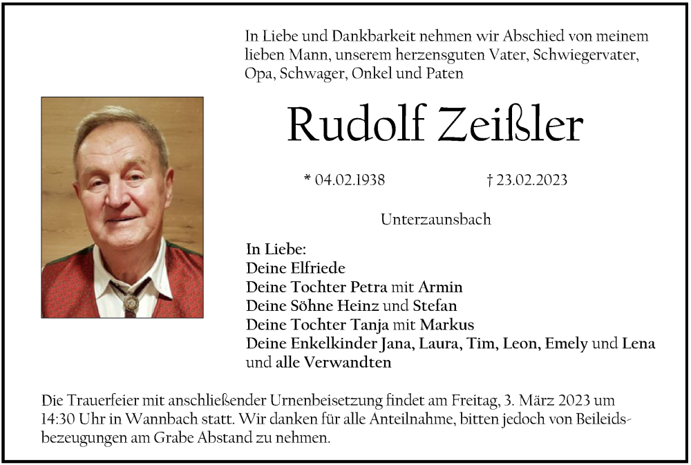  Traueranzeige für Rudolf Zeißler vom 28.02.2023 aus MGO