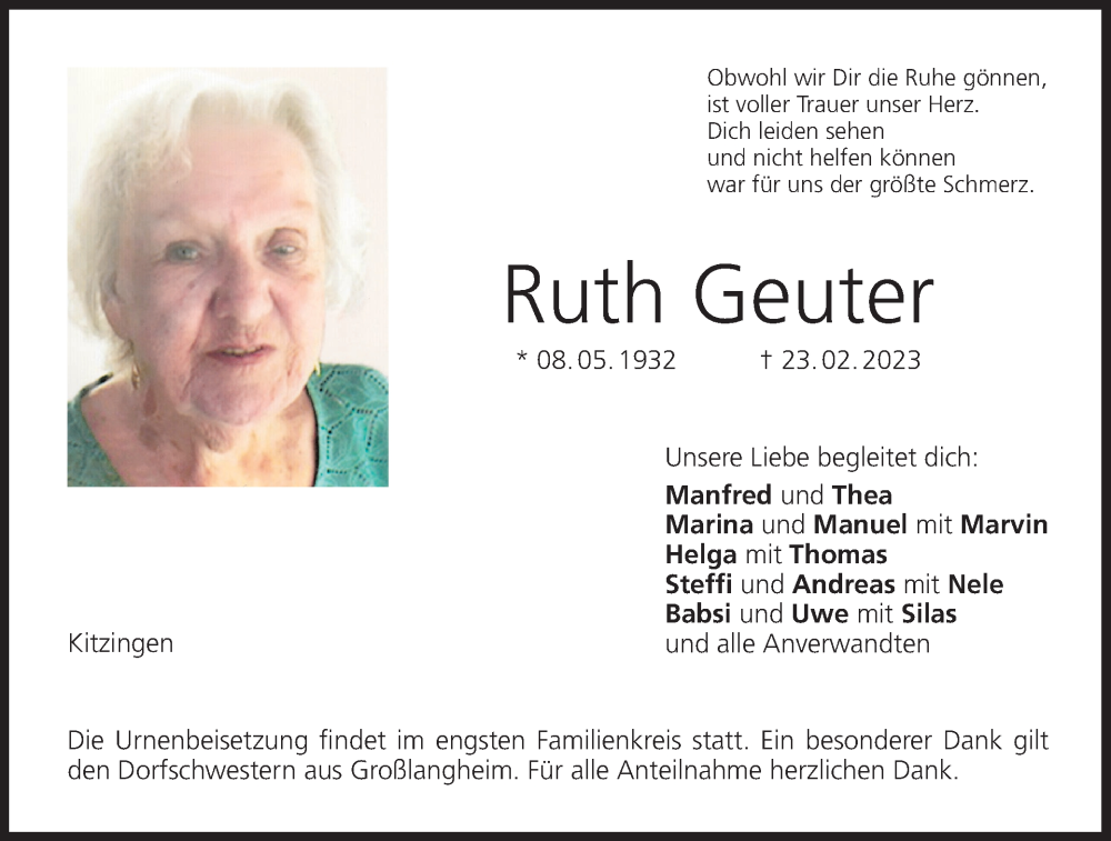  Traueranzeige für Ruth Geuter vom 11.03.2023 aus MGO