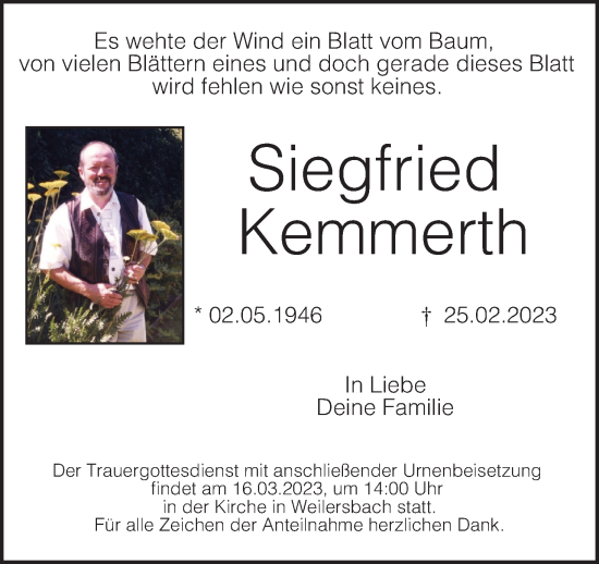 Anzeige von Siegfried Kemmerth von MGO