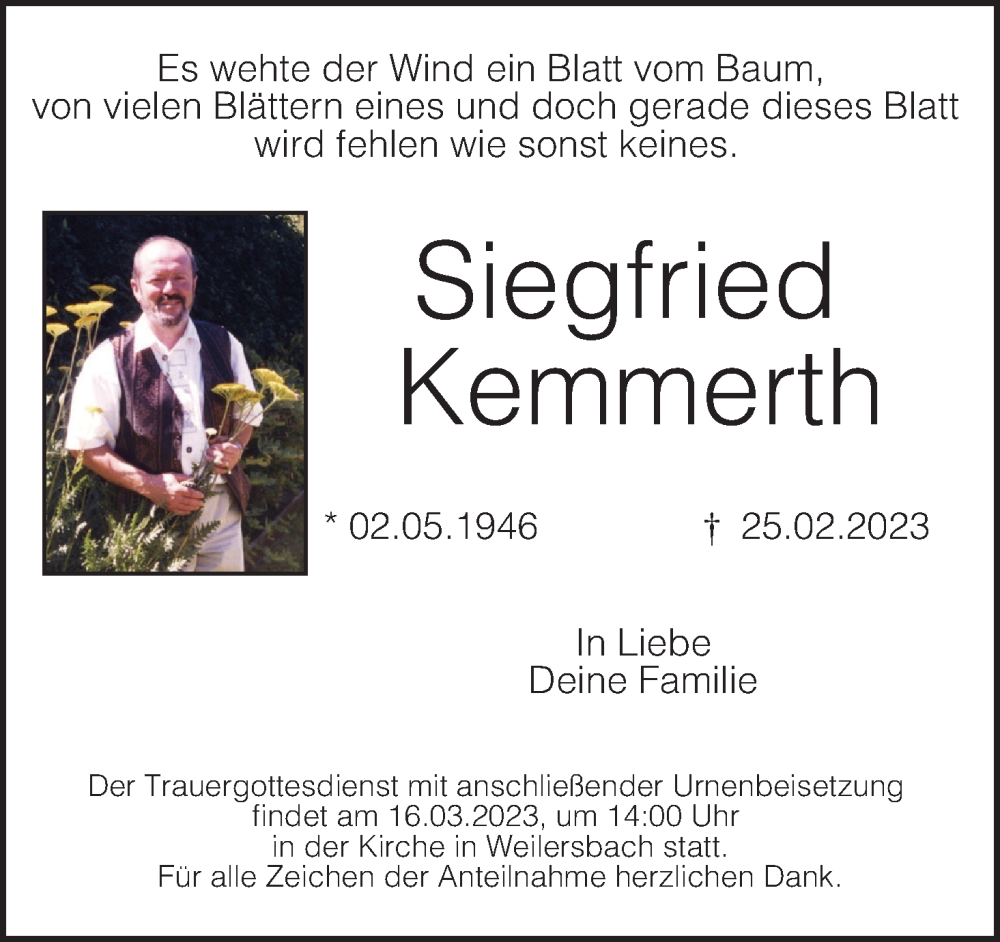  Traueranzeige für Siegfried Kemmerth vom 11.03.2023 aus MGO