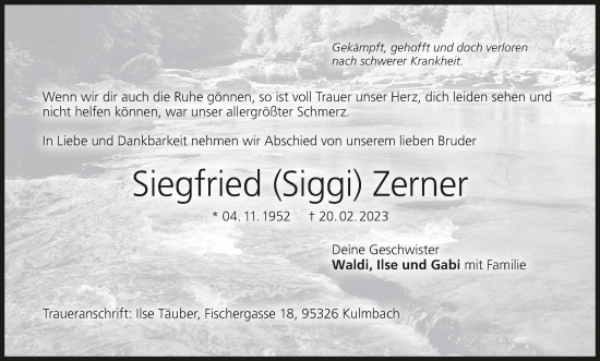 Anzeige von Siegfried Zerner von MGO