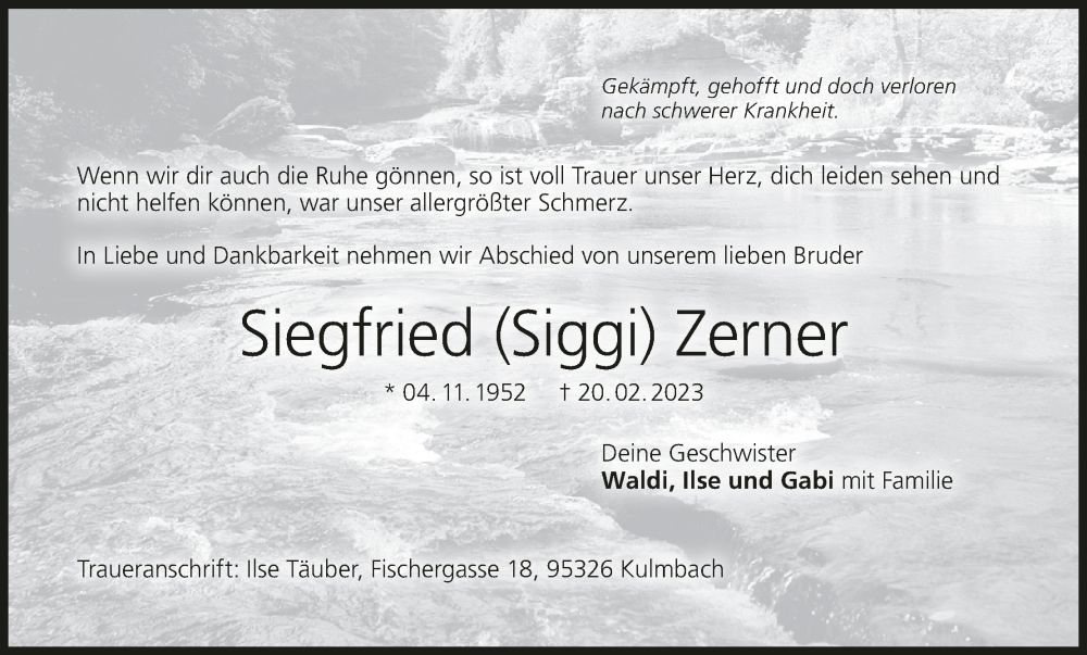  Traueranzeige für Siegfried Zerner vom 09.03.2023 aus MGO
