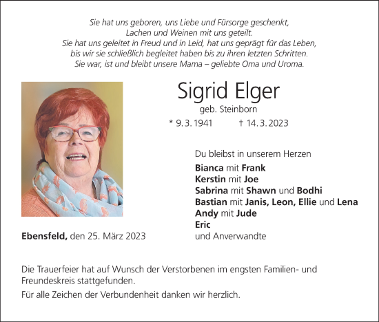 Anzeige von Sigrid Elger von MGO