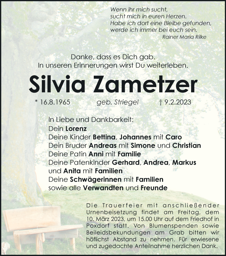  Traueranzeige für Silvia Zametzer vom 04.03.2023 aus MGO