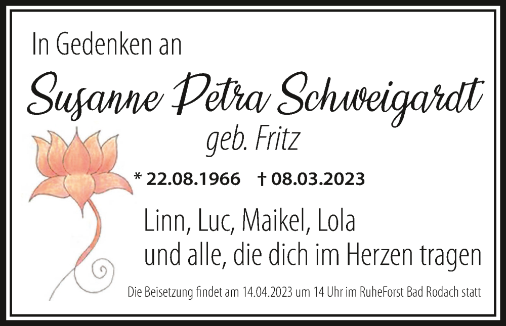  Traueranzeige für Susanne Petra Schweigardt vom 25.03.2023 aus MGO