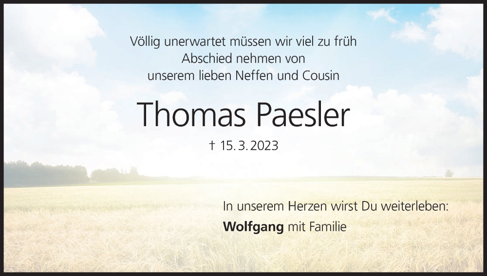  Traueranzeige für Thomas Paesler vom 01.04.2023 aus MGO