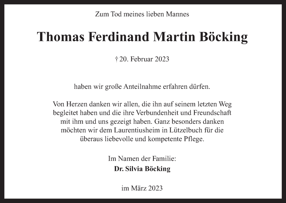  Traueranzeige für Thomas Ferdinand Martin Böcking vom 11.03.2023 aus MGO