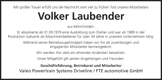 Anzeige von Volker Laubender von MGO