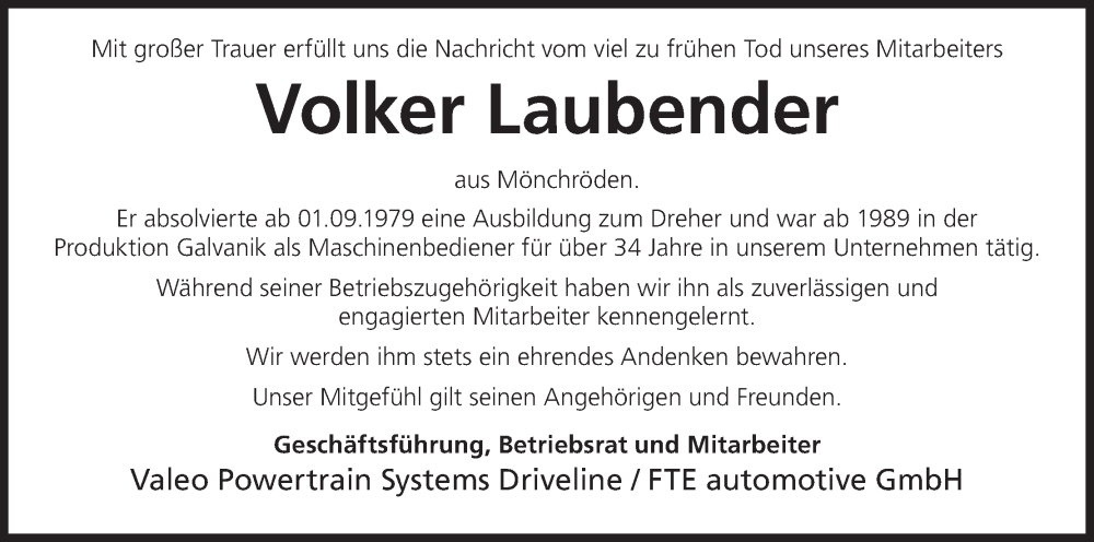  Traueranzeige für Volker Laubender vom 18.03.2023 aus MGO