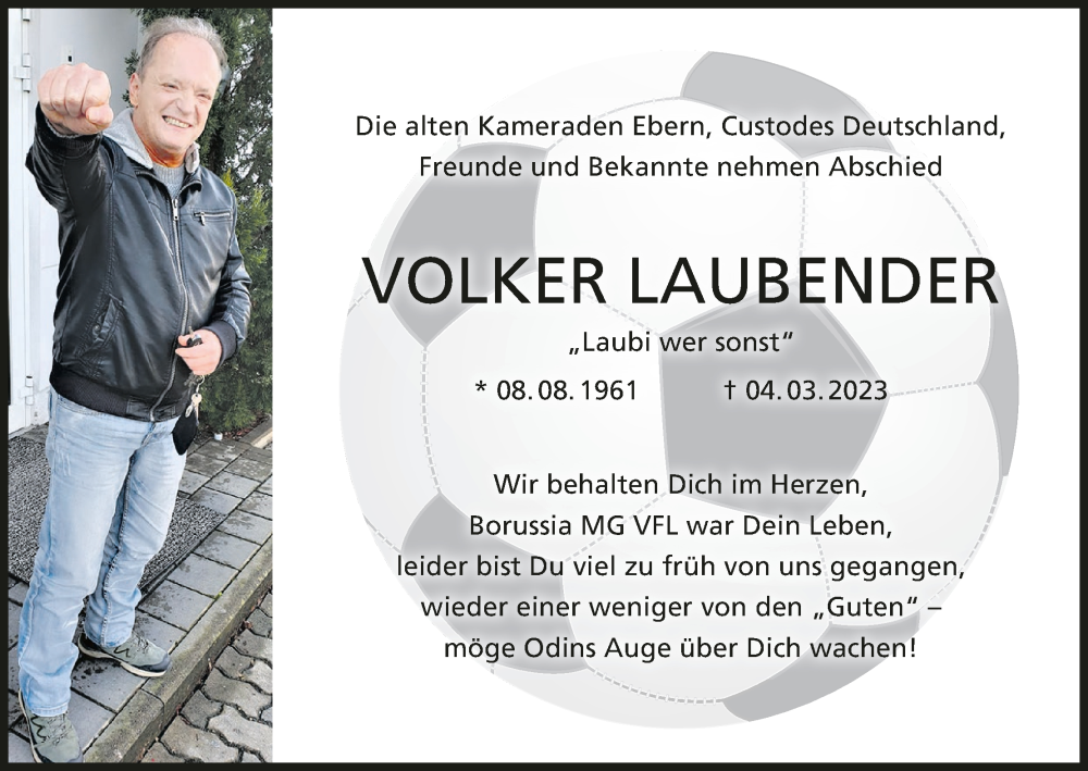 Traueranzeige für Volker Laubender vom 25.03.2023 aus MGO