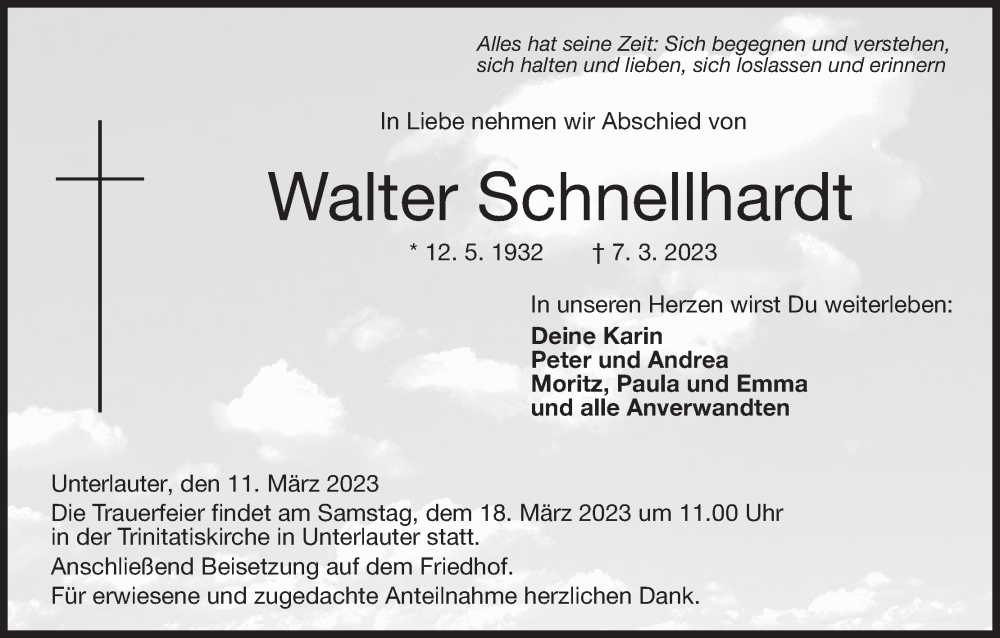  Traueranzeige für Walter Schnellhardt vom 11.03.2023 aus MGO