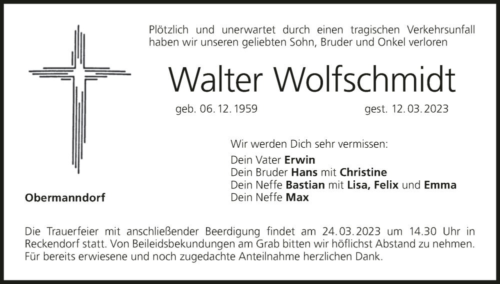  Traueranzeige für Walter Wolfschmidt vom 21.03.2023 aus MGO