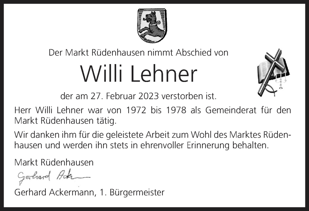  Traueranzeige für Willi Lehner vom 03.03.2023 aus MGO