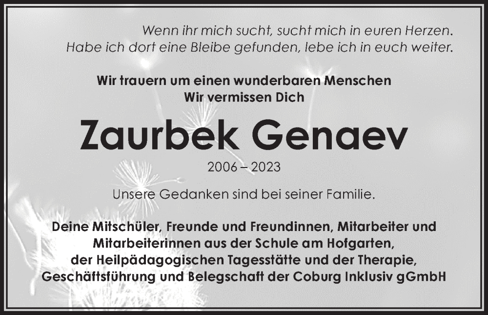  Traueranzeige für Zaurbek Genaev vom 01.04.2023 aus MGO