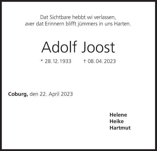 Anzeige von Adolf Joost von MGO