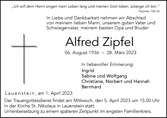 Anzeige von Alfred Zipfel von MGO