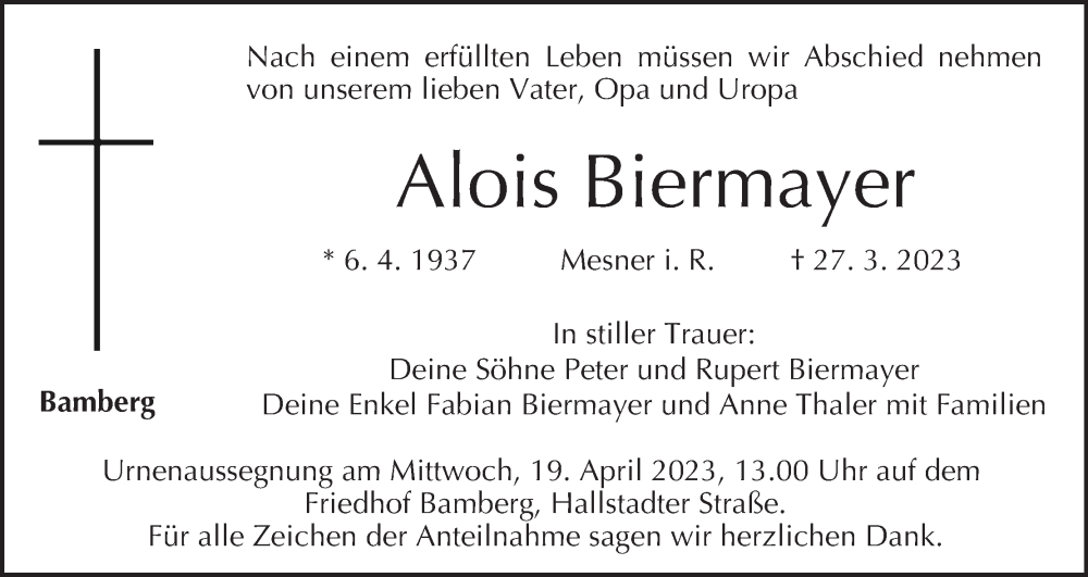  Traueranzeige für Alois Biermayer vom 15.04.2023 aus MGO