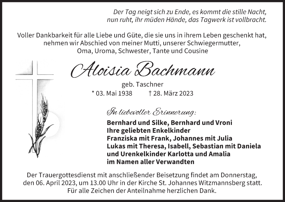  Traueranzeige für Aloisia Bachmann vom 01.04.2023 aus MGO