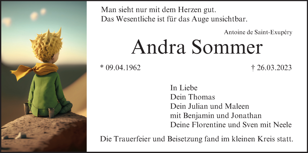  Traueranzeige für Andra Sommer vom 15.04.2023 aus MGO